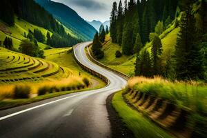 ein Wicklung Straße im das Berge mit Bäume und Gras. KI-generiert foto