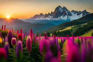 das Sonne steigt an Über das Berge und Blumen im das Vordergrund. KI-generiert foto