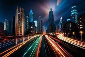 ein Stadt beim Nacht mit der Verkehr Beleuchtung und Gebäude. KI-generiert foto