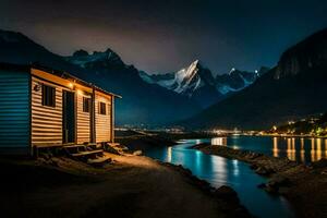 ein Kabine durch das Wasser beim Nacht mit Berge im das Hintergrund. KI-generiert foto