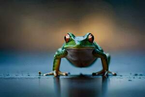 ein Frosch mit rot Augen Sitzung auf ein dunkel Oberfläche. KI-generiert foto