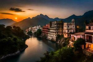 das Sonne setzt Über ein Fluss im Indien. KI-generiert foto