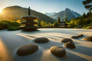 ein Zen Garten mit Felsen und ein Pagode im das Sonne. KI-generiert foto