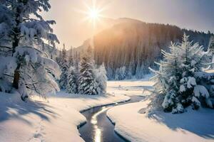 ein Fluss läuft durch ein schneebedeckt Wald mit Bäume. KI-generiert foto