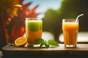 zwei Brille von Saft auf ein hölzern Tisch. KI-generiert foto