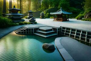 ein japanisch Garten mit Wasser Eigenschaften und Pagoden. KI-generiert foto