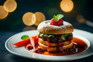 ein Hamburger mit Beeren und Soße auf ein Platte. KI-generiert foto