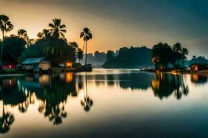 ein See mit Palme Bäume und Häuser beim Sonnenuntergang. KI-generiert foto