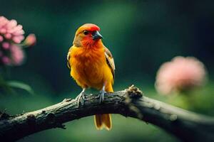 ein hell Orange Vogel sitzt auf ein Ast. KI-generiert foto