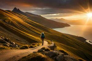 ein Person Gehen auf ein Pfad im das Berge beim Sonnenuntergang. KI-generiert foto