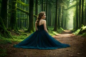 ein Frau im ein Blau Kleid ist Sitzung im das Mitte von ein Wald. KI-generiert foto