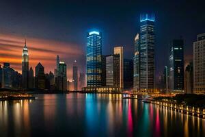 das Stadt Horizont beim Nacht mit Beleuchtung reflektieren aus das Wasser. KI-generiert foto