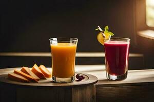 zwei Brille von Saft und ein Scheibe von Frucht. KI-generiert foto