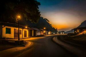 ein Straße im das Dorf beim Dämmerung. KI-generiert foto