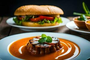 ein Teller von Essen mit ein Burger und ein Tomate Soße. KI-generiert foto