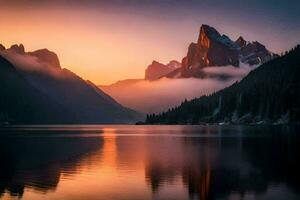 ein See und Berge beim Sonnenuntergang. KI-generiert foto