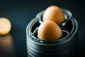zwei Eier sind im ein Metall Container. KI-generiert foto