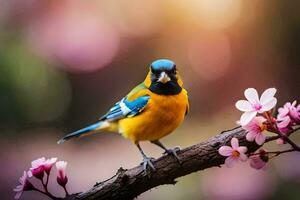 ein bunt Vogel sitzt auf ein Ast mit Rosa Blumen. KI-generiert foto