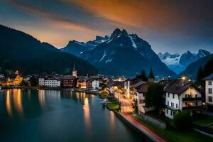 das schön Stadt, Dorf von Schweiz beim Dämmerung. KI-generiert foto