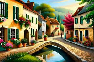 ein Gemälde von ein klein Stadt, Dorf mit ein Fluss und Blumen. KI-generiert foto
