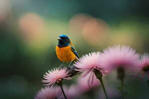 ein bunt Vogel sitzt auf oben von etwas Rosa Blumen. KI-generiert foto