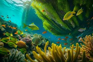 Foto Hintergrund Meer, Koralle, Fisch, Koralle Riff, Unterwasser, Unterwasser, Unterwasser, unter Wasser,. KI-generiert