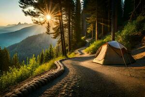 ein Zelt ist aufgeschlagen auf ein Schmutz Straße im das Berge. KI-generiert foto