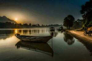 ein Boot sitzt auf das Ufer von ein See beim Sonnenaufgang. KI-generiert foto