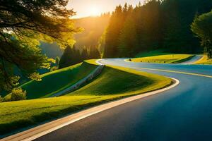 ein Wicklung Straße im das Berge mit Bäume und Gras. KI-generiert foto