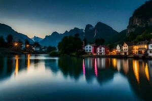 ein See und Häuser im das Berge beim Dämmerung. KI-generiert foto