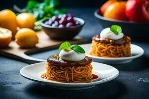 zwei Platten mit Spaghetti und Obst auf ihnen. KI-generiert foto