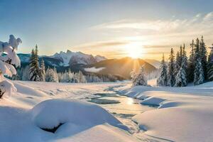 Foto Hintergrund das Himmel, Schnee, Bäume, Berge, Sonne, Winter, das Berge, Die. KI-generiert