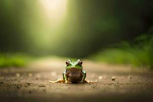 ein Frosch Sitzung auf das Straße im das Mitte von das Wald. KI-generiert foto