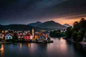 Foto Hintergrund das Himmel, Wasser, Berge, Fluss, Sonnenuntergang, See, Slowenien,. KI-generiert