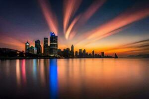 das Stadt Horizont beim Sonnenuntergang mit ein bunt Himmel. KI-generiert foto