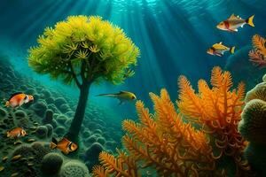 ein unter Wasser Szene mit Koralle und Fisch. KI-generiert foto