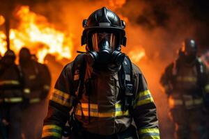 Feuerwehrmann mit Wasser und Feuerlöscher zu Kampf mit Feuer Flamme im ein Notfall, generativ ai foto