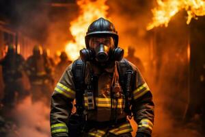 Feuerwehrmann mit Wasser und Feuerlöscher zu Kampf mit Feuer Flamme im ein Notfall, generativ ai foto