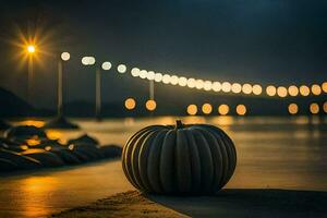 ein Kürbis Sitzung auf das Strand beim Nacht. KI-generiert foto