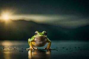 ein Frosch ist Stehen auf das Boden im Vorderseite von das Sonne. KI-generiert foto