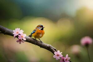 ein Vogel sitzt auf ein Ast mit Rosa Blumen. KI-generiert foto