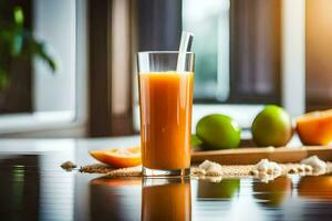 ein Glas von Orange Saft auf ein Tisch. KI-generiert foto