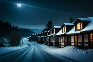 ein schneebedeckt Straße beim Nacht mit Häuser und ein voll Mond. KI-generiert foto