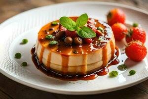 ein Dessert mit Erdbeeren und Nüsse auf ein Weiß Platte. KI-generiert foto