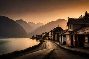 ein Straße führen zu ein See und Häuser im das Hintergrund. KI-generiert foto