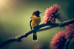 ein klein Vogel ist thront auf ein Ast mit Rosa Blumen. KI-generiert foto