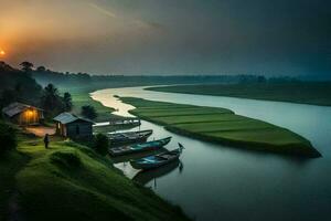 ein Fluss beim Sonnenuntergang mit Boote angedockt auf das Ufer. KI-generiert foto