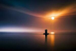 ein Leuchtturm im das Mitte von das Ozean beim Nacht. KI-generiert foto