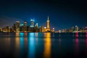 das Shanghai Horizont beim Nacht mit Reflexionen im das Wasser. KI-generiert foto