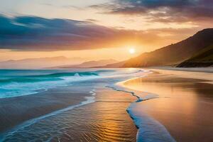 das Sonne steigt an Über das Ozean und das Wellen auf das Strand. KI-generiert foto